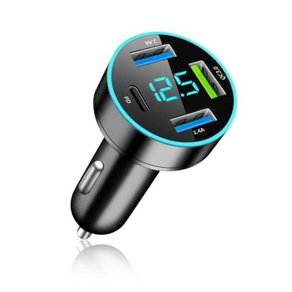 Black car charger adapter with glowing LED voltage screen and USB output ports