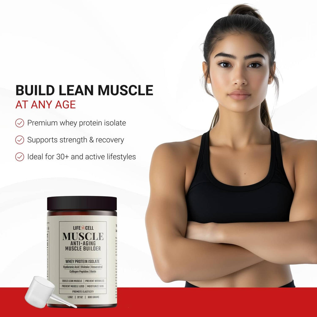 LifeCell whey protein isolate tub with scoop, shown with workout model