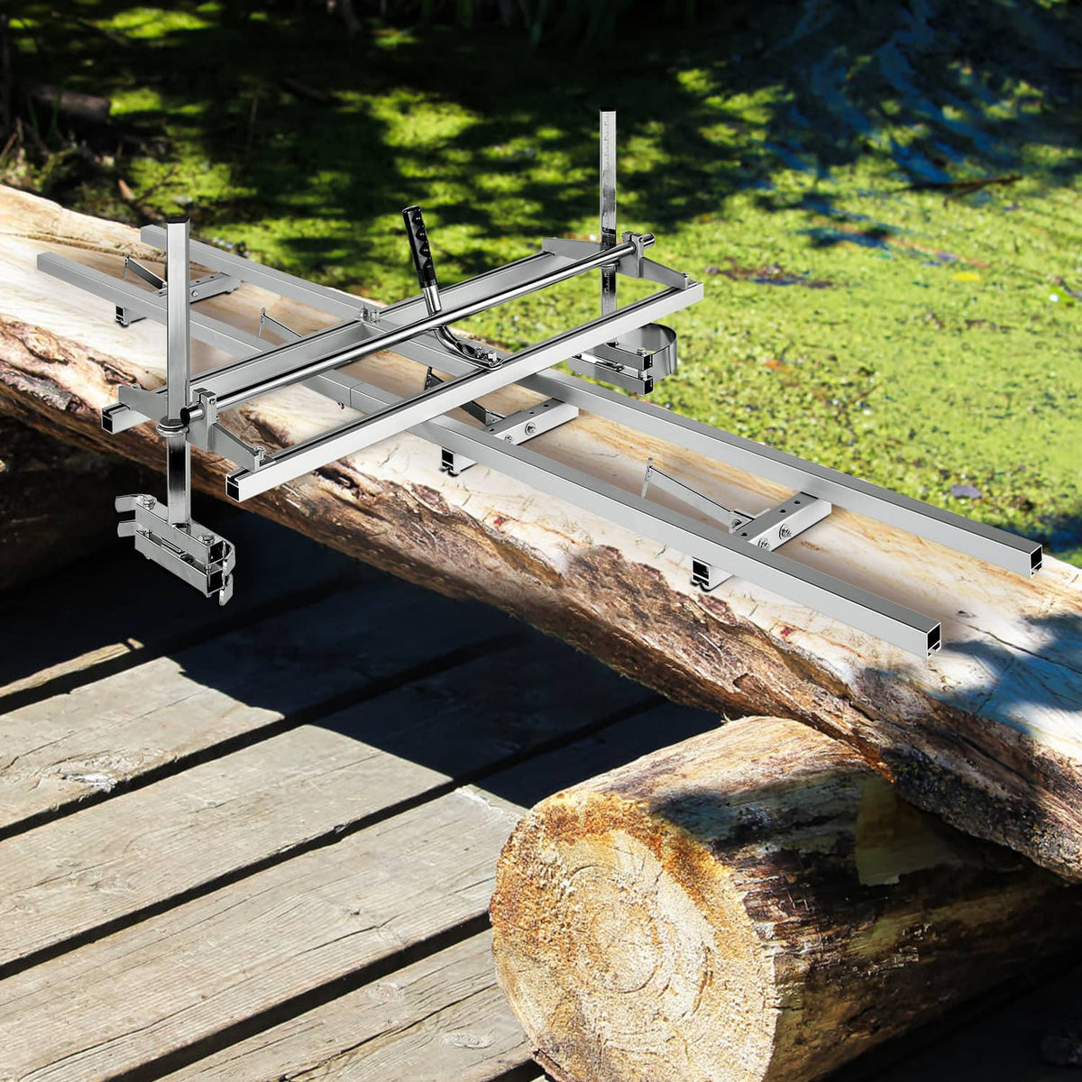 Aluminum chainsaw mill guide rail mounted on a log with support feet