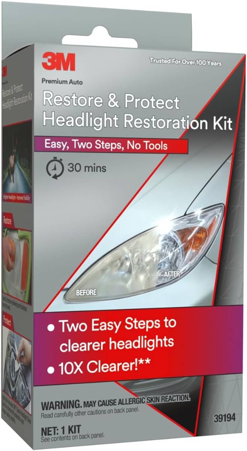 3M Restore & Protect headlight restoration kit box with before and after headlight graphic