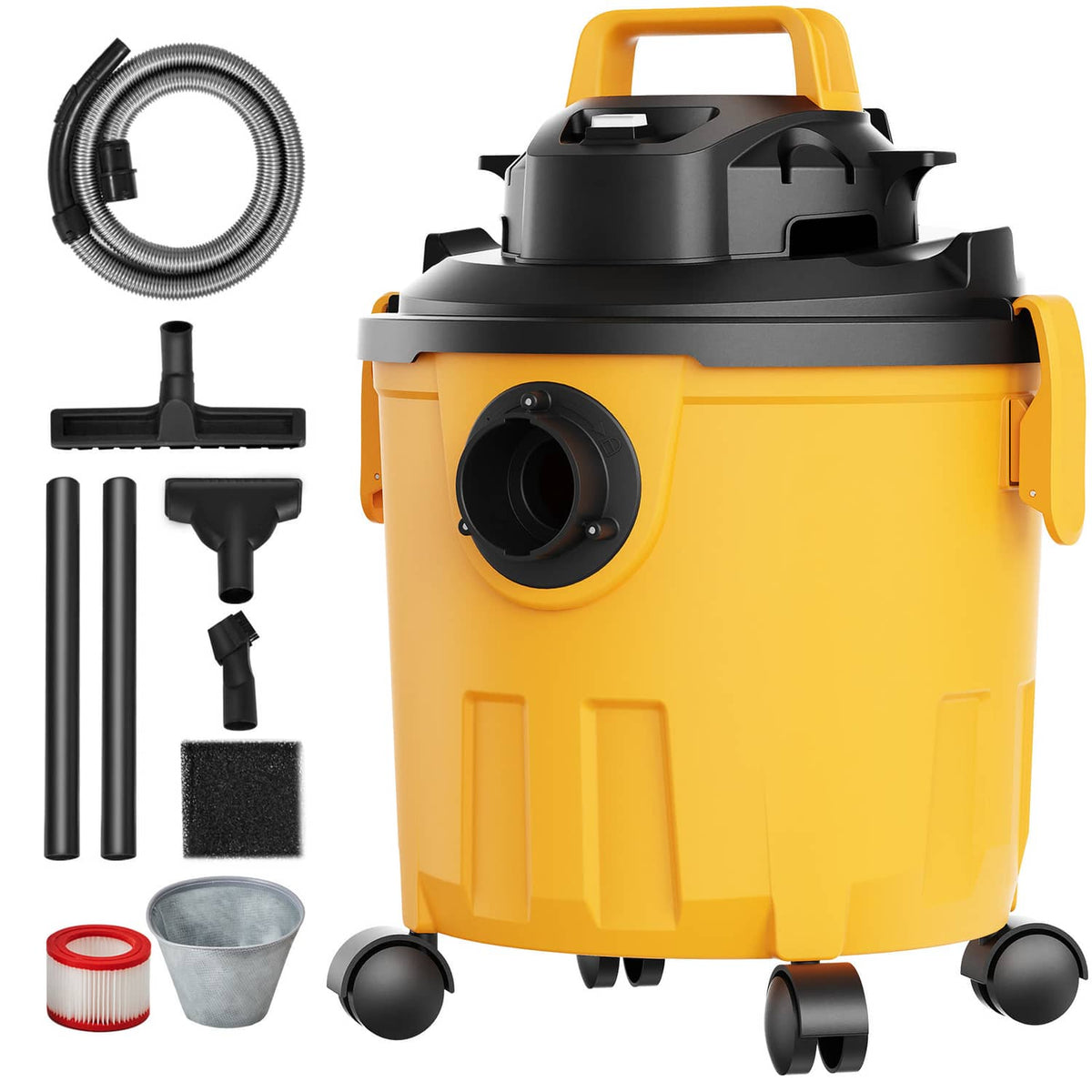 5-gallon wet/dry shop vacuum with hose and tools, yellow canister and black base