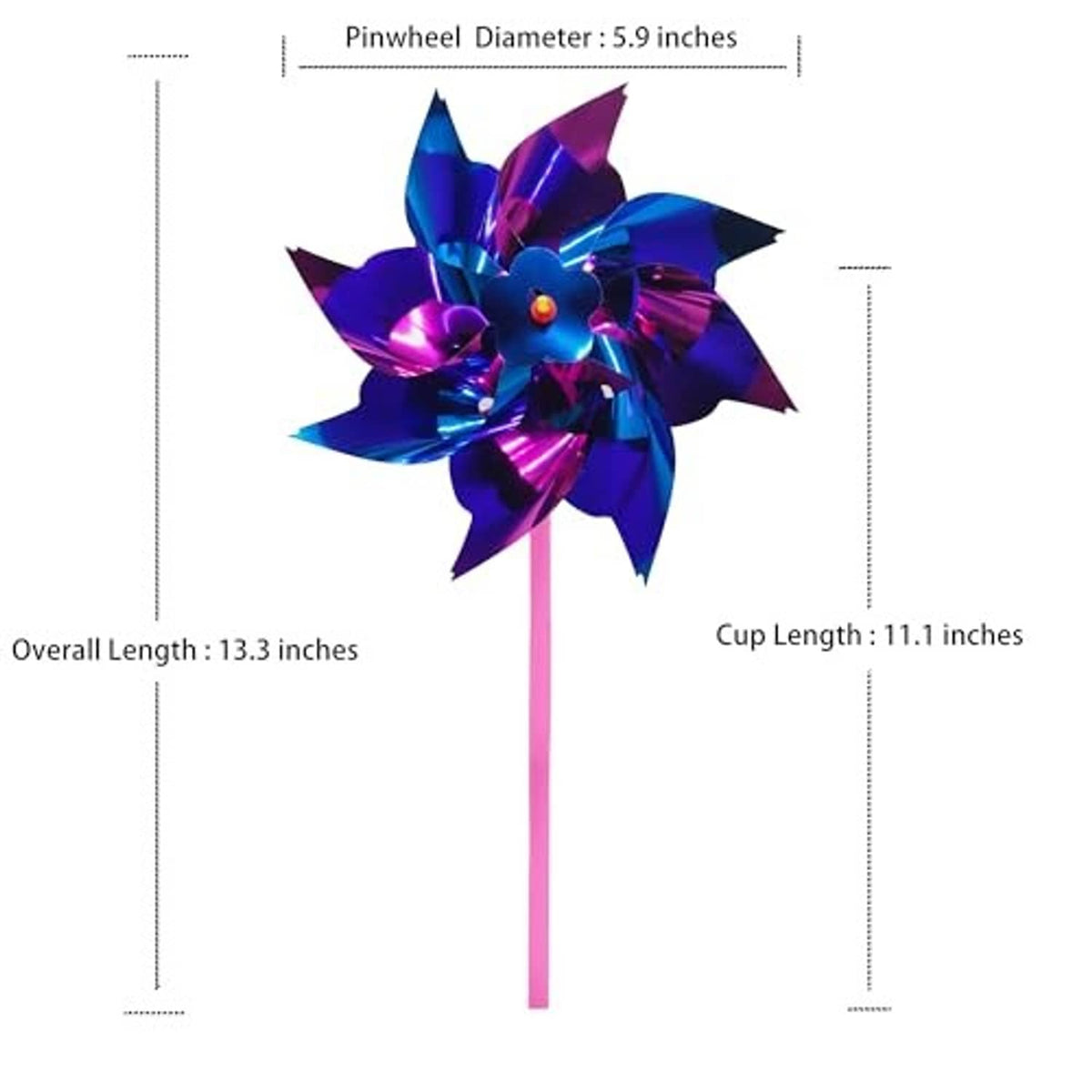 Plastic pinwheel with purple-blue-red flower blades on pink rod, includes size diagram