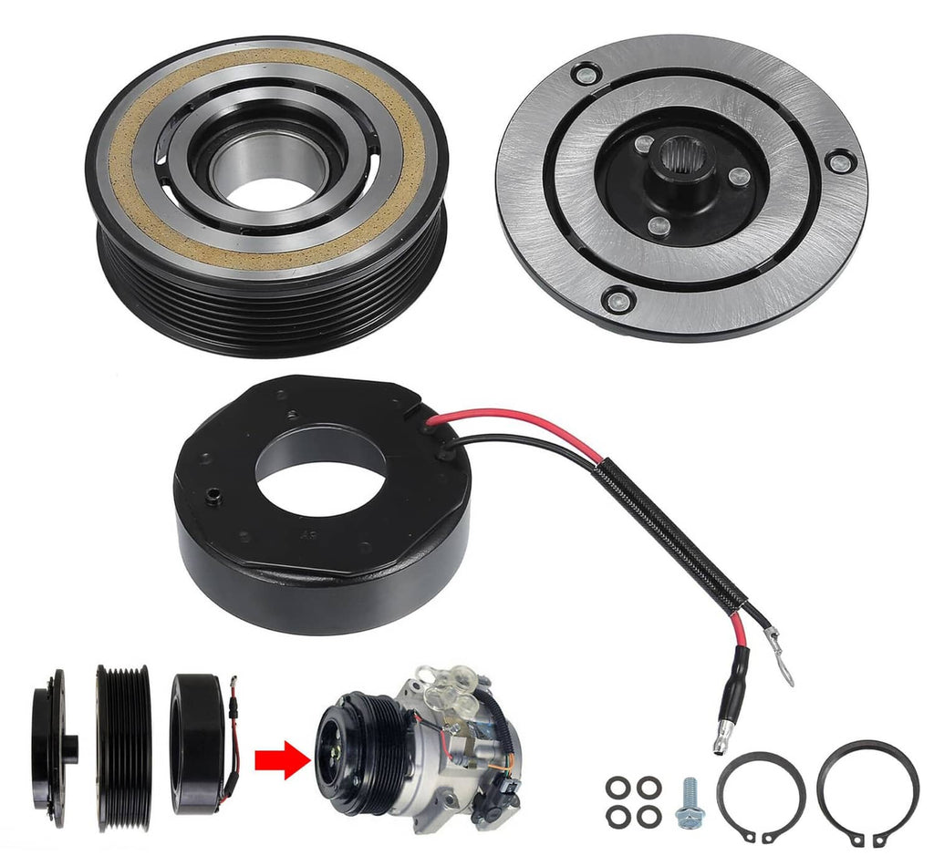 AC compressor clutch kit with black pulley, clutch plate, coil wiring, and hardware