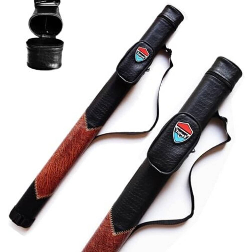 Pair of black pool cue cases with textured finish and protective end caps