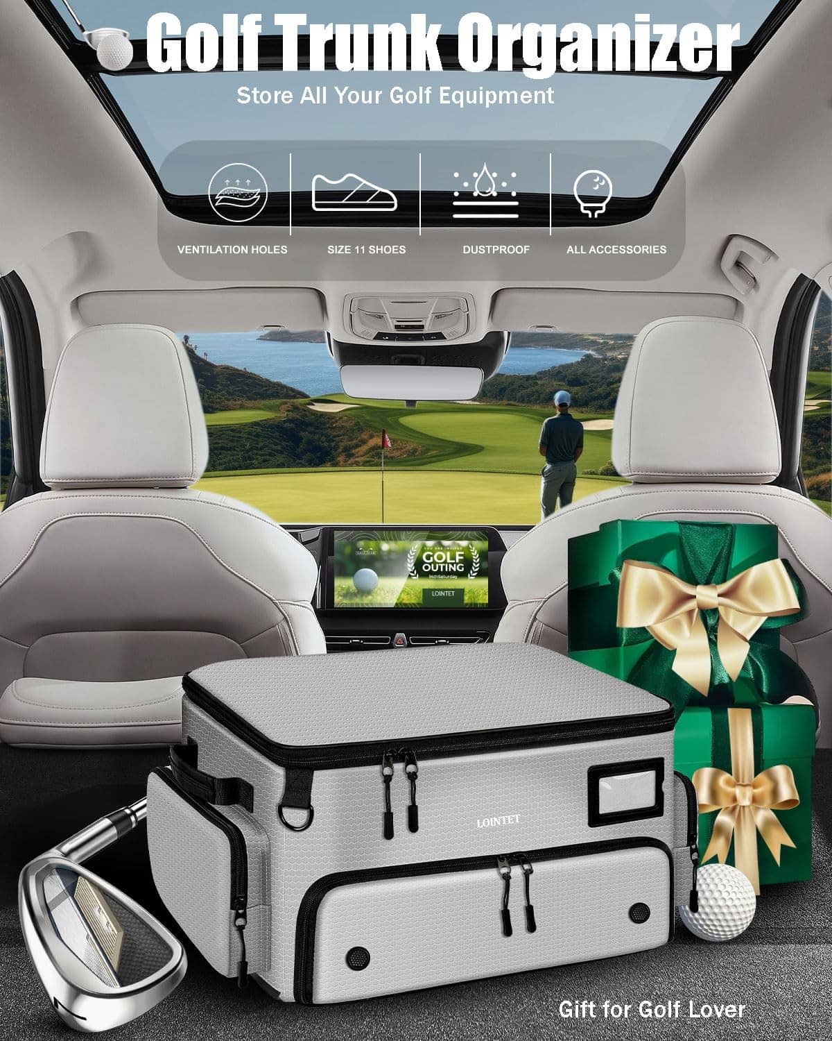 Gray golf trunk organizer with black trim, open lid and storage drawers for gear