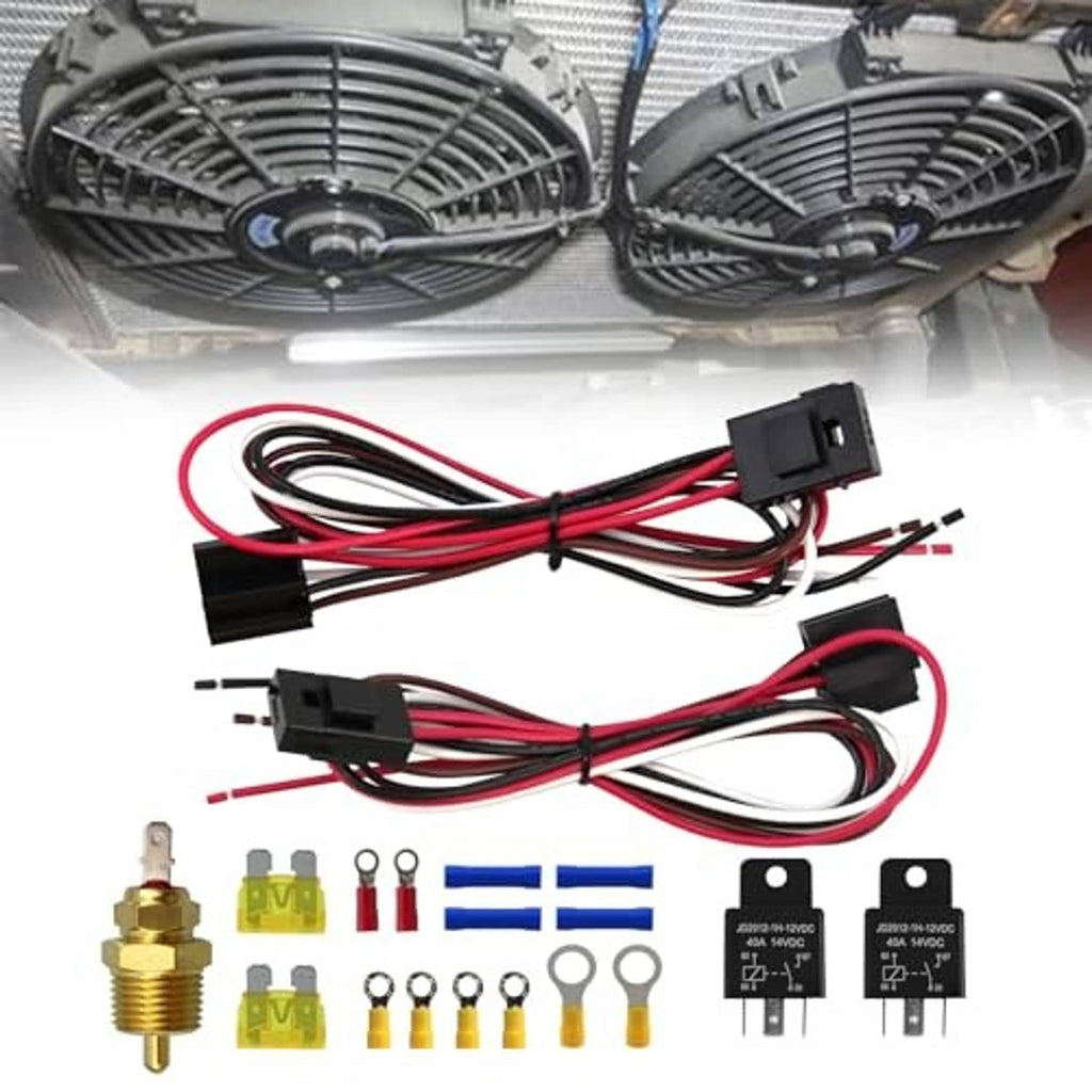 Dual electric fan relay wiring harness kit with relay blocks, fuses, and wiring leads