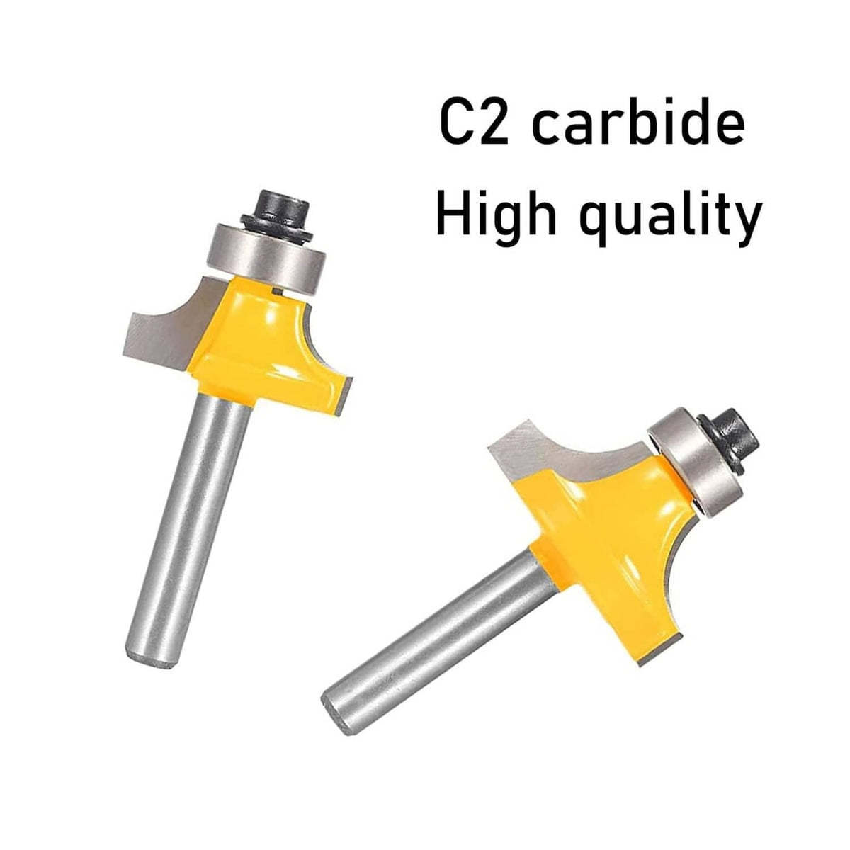 Roundover router bit with yellow carbide cutter and metal guide bearing, angled close-up