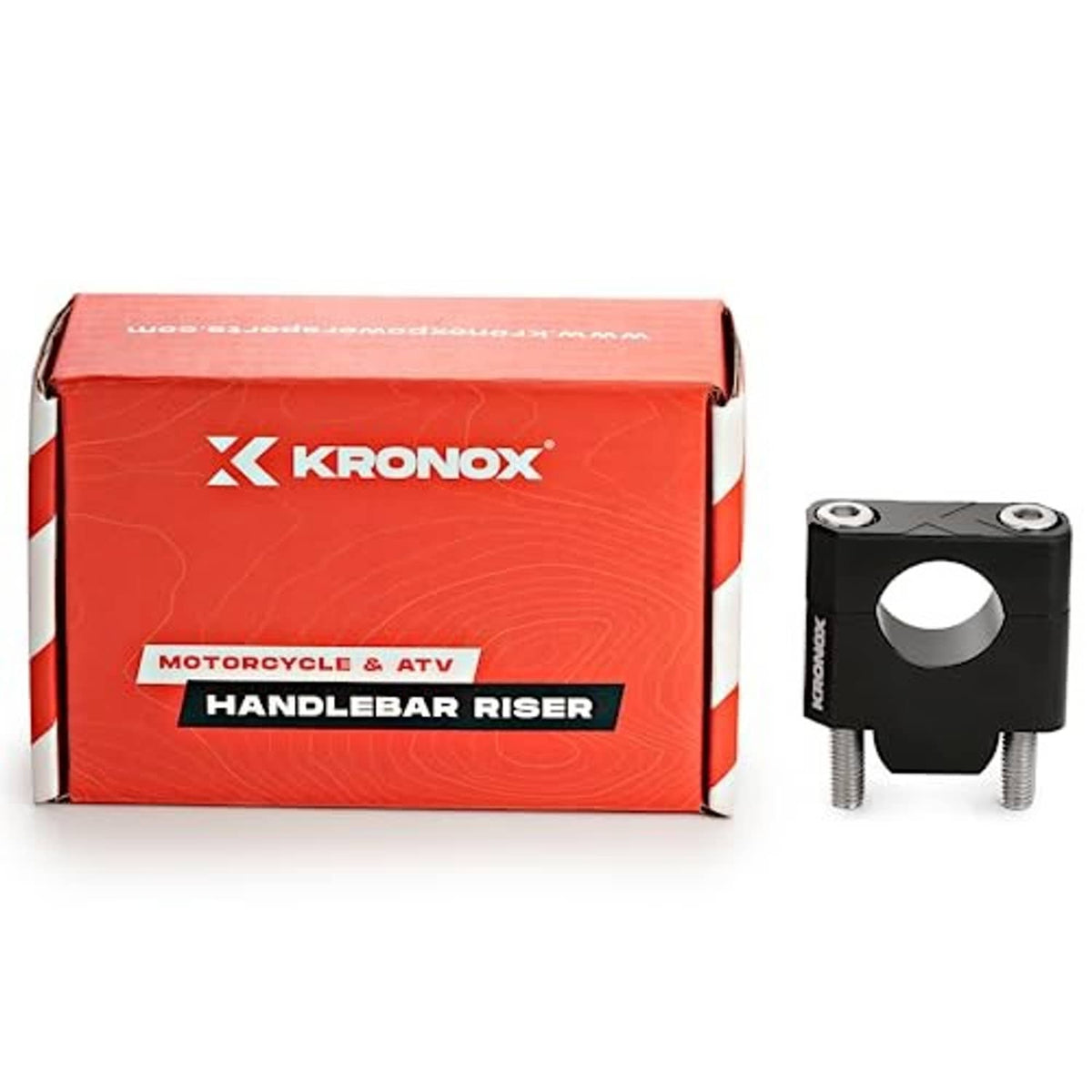 Black handlebar riser clamp with two threaded mounting bolts beside product box