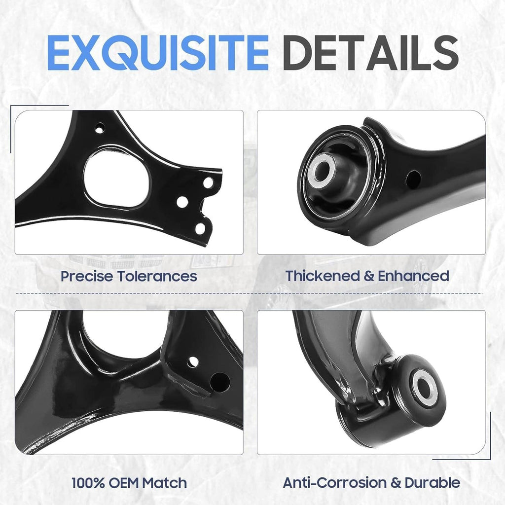Black control arm detail view with thickened bushing and mounting points