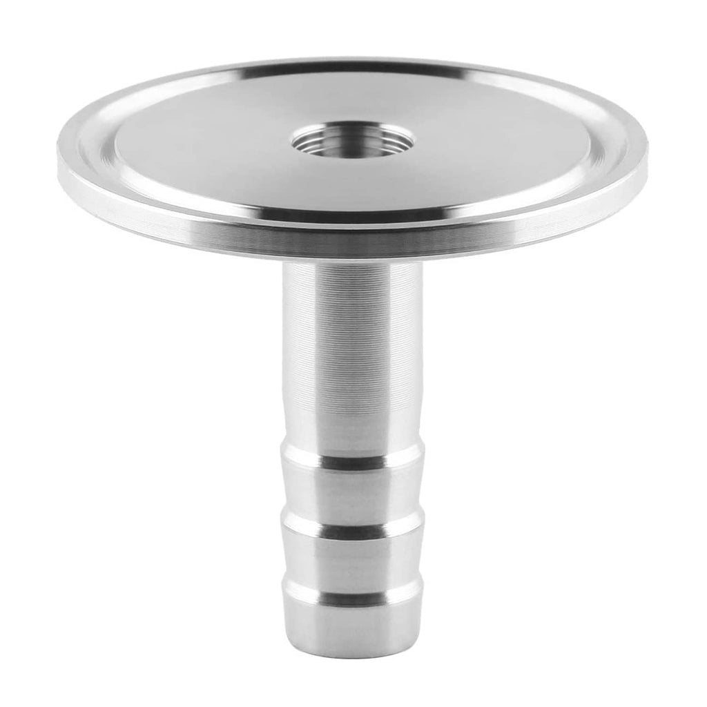 Stainless sanitary Tri Clamp adapter fitting with top threaded opening and barbed outlet