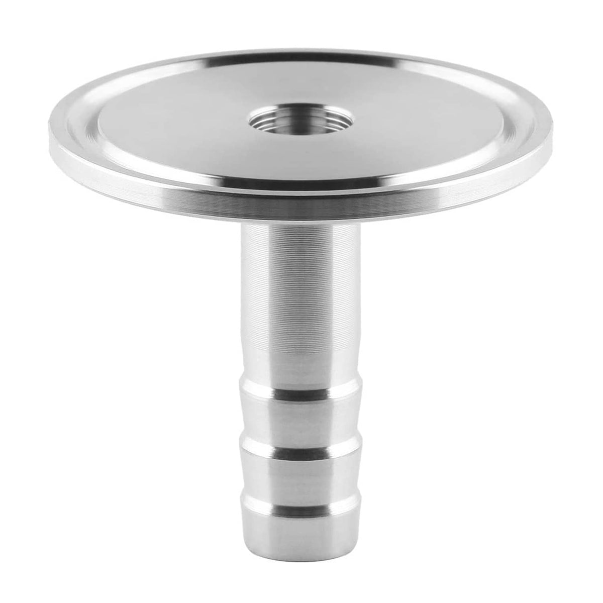 Stainless sanitary Tri Clamp adapter fitting with top threaded opening and barbed outlet