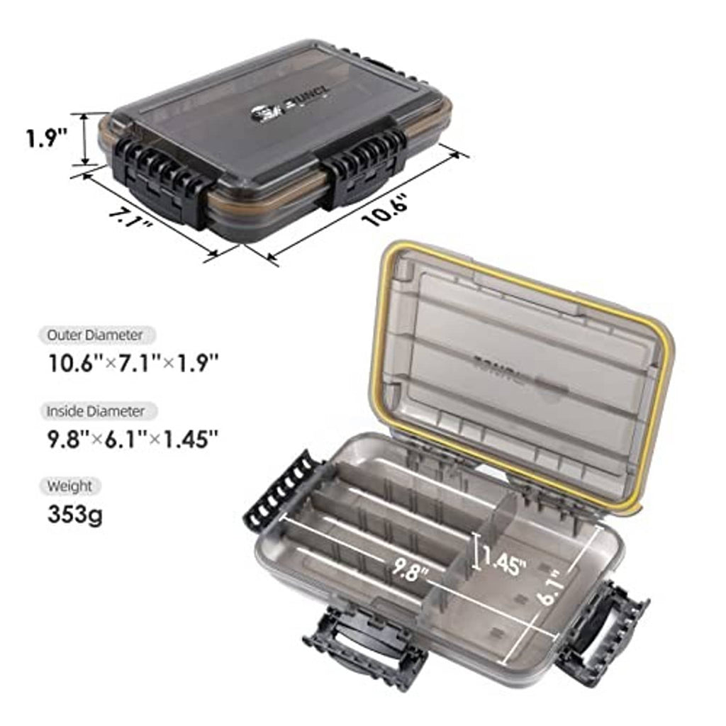 Gray waterproof fishing tackle box with translucent lid and yellow sealing edge, open view