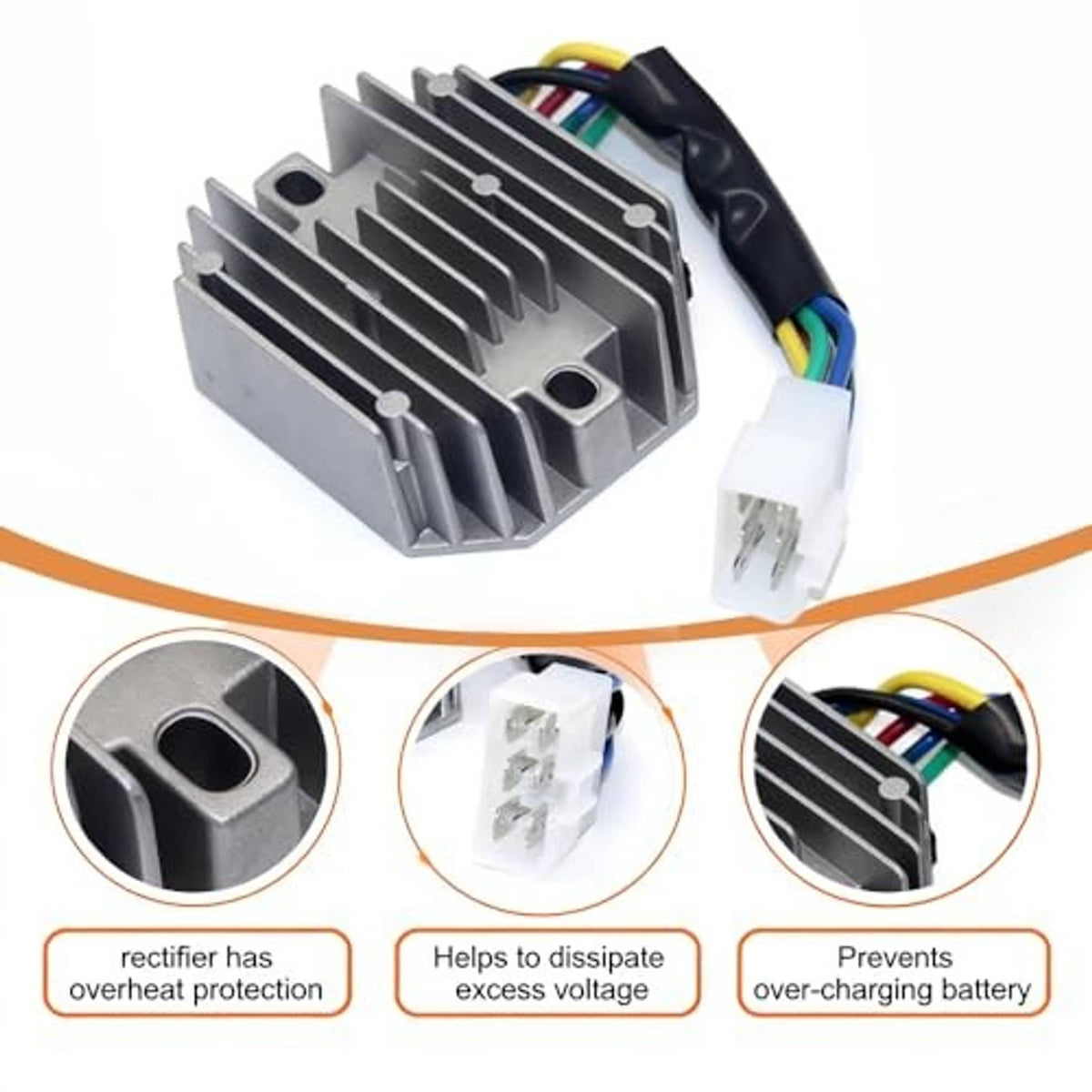 Voltage regulator rectifier with finned heatsink, wire bundle, and multi-pin connector details