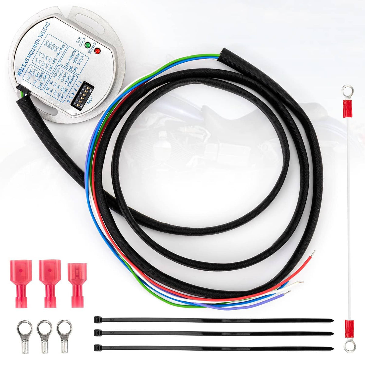Digital ignition module control box with black cable harness, ring terminals, and ties
