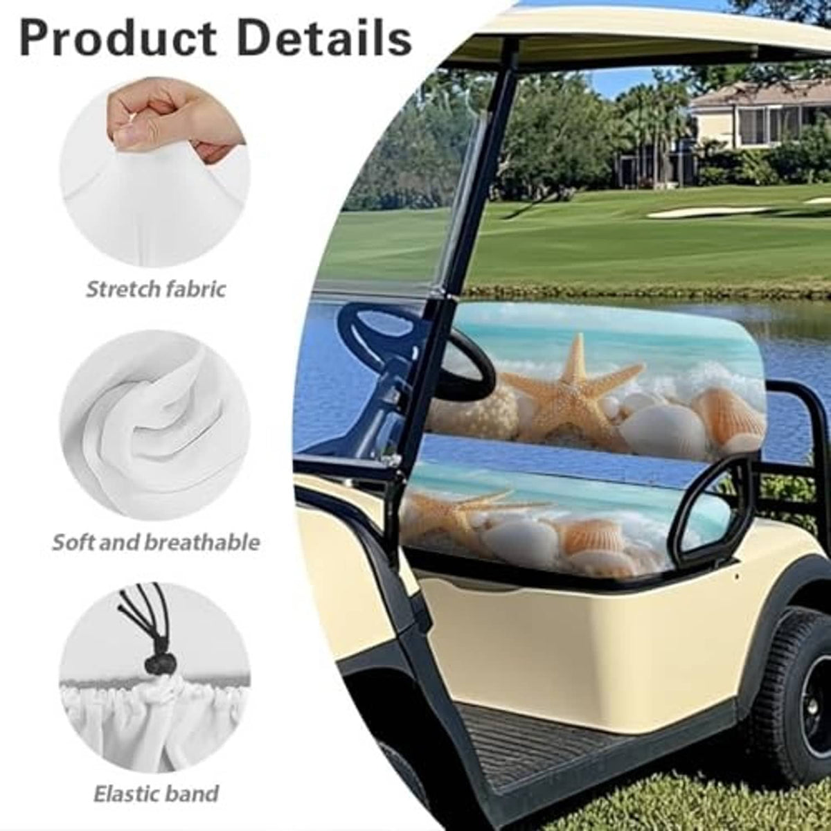 Golf cart seat cover with blue starfish and seashell print; stretch fabric and elastic edge