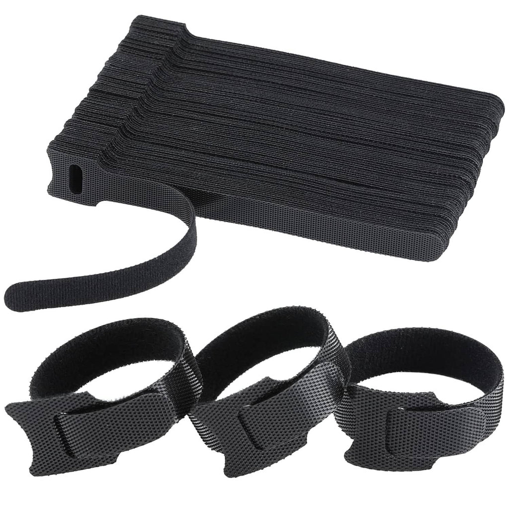 Black reusable cable tie set with loop-and-hook ends, 6-inch length