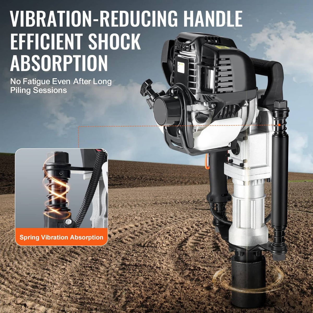 Gas-powered T post driver with vibration-reducing handle springs and black driving tube