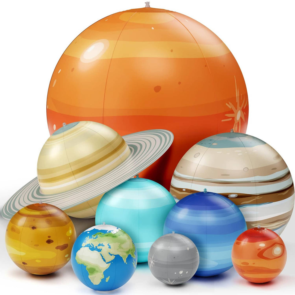 Inflatable solar system planet set with orange, blue, striped, and multicolor planets