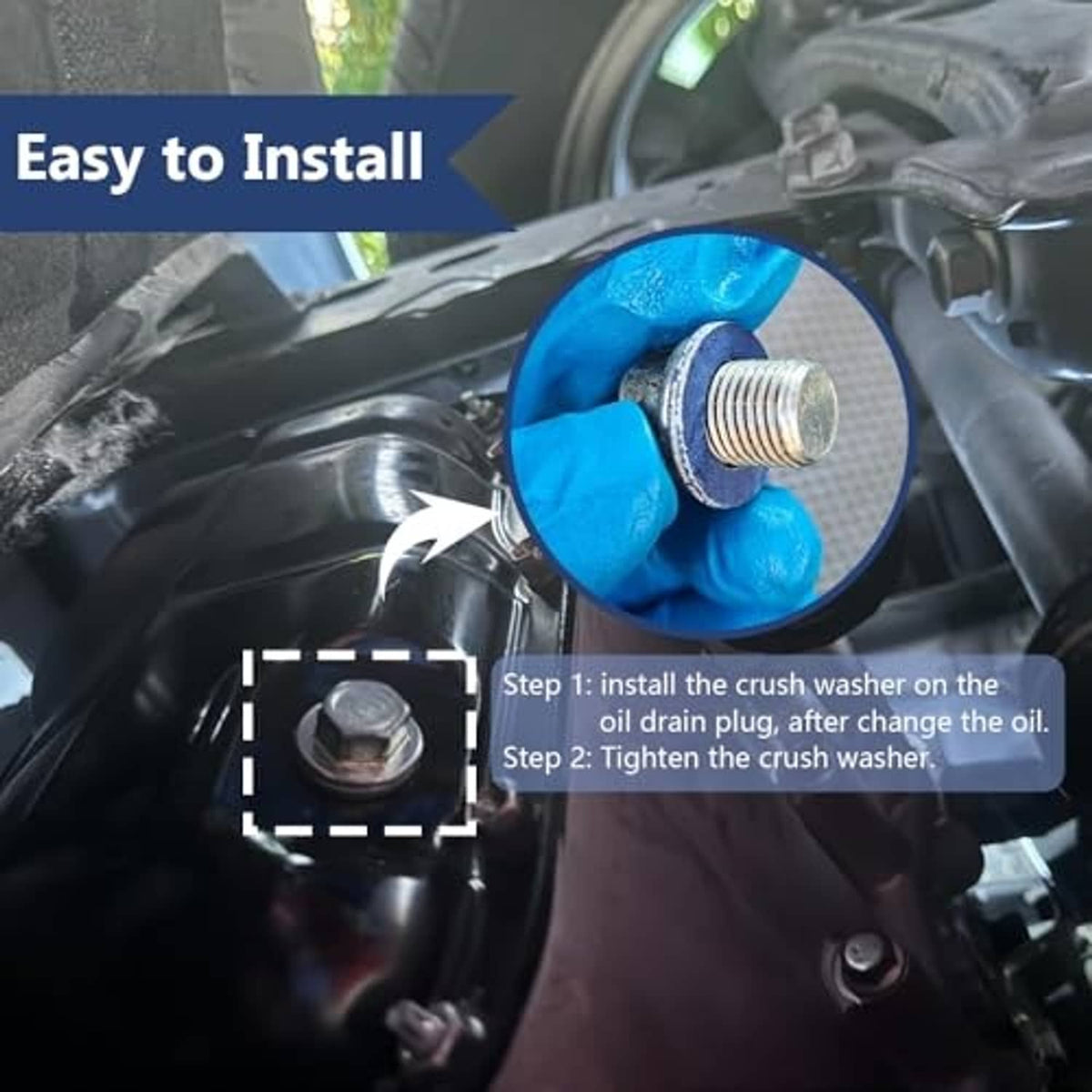 Blue oil drain plug crush washer installed on engine drain bolt