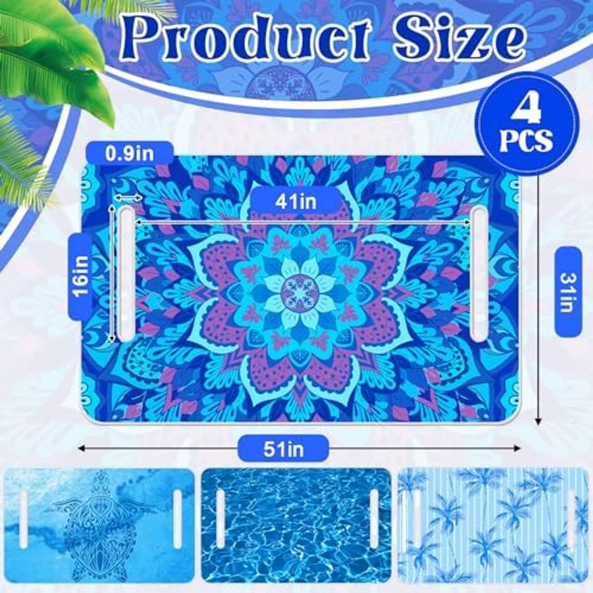 Blue floral mandala golf cart seat cover with two side handle cutouts, rectangular