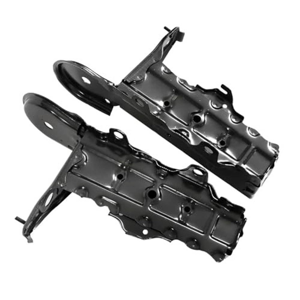 Two black front bumper mounting brackets with curved arms and drilled mounting holes