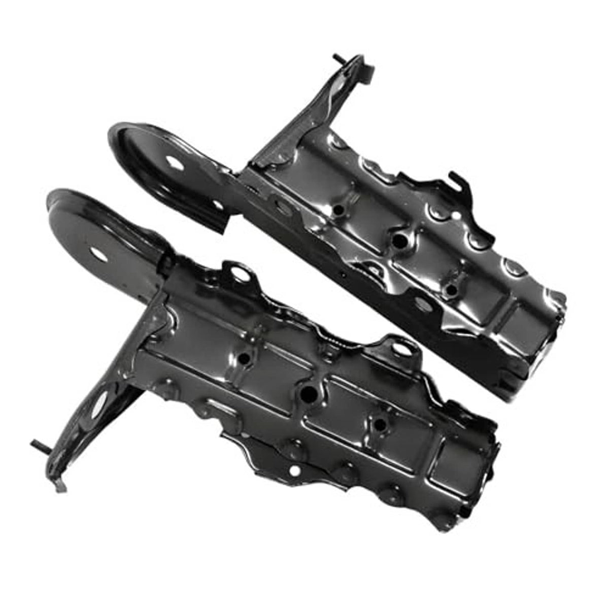 Two black front bumper mounting brackets with curved arms and drilled mounting holes