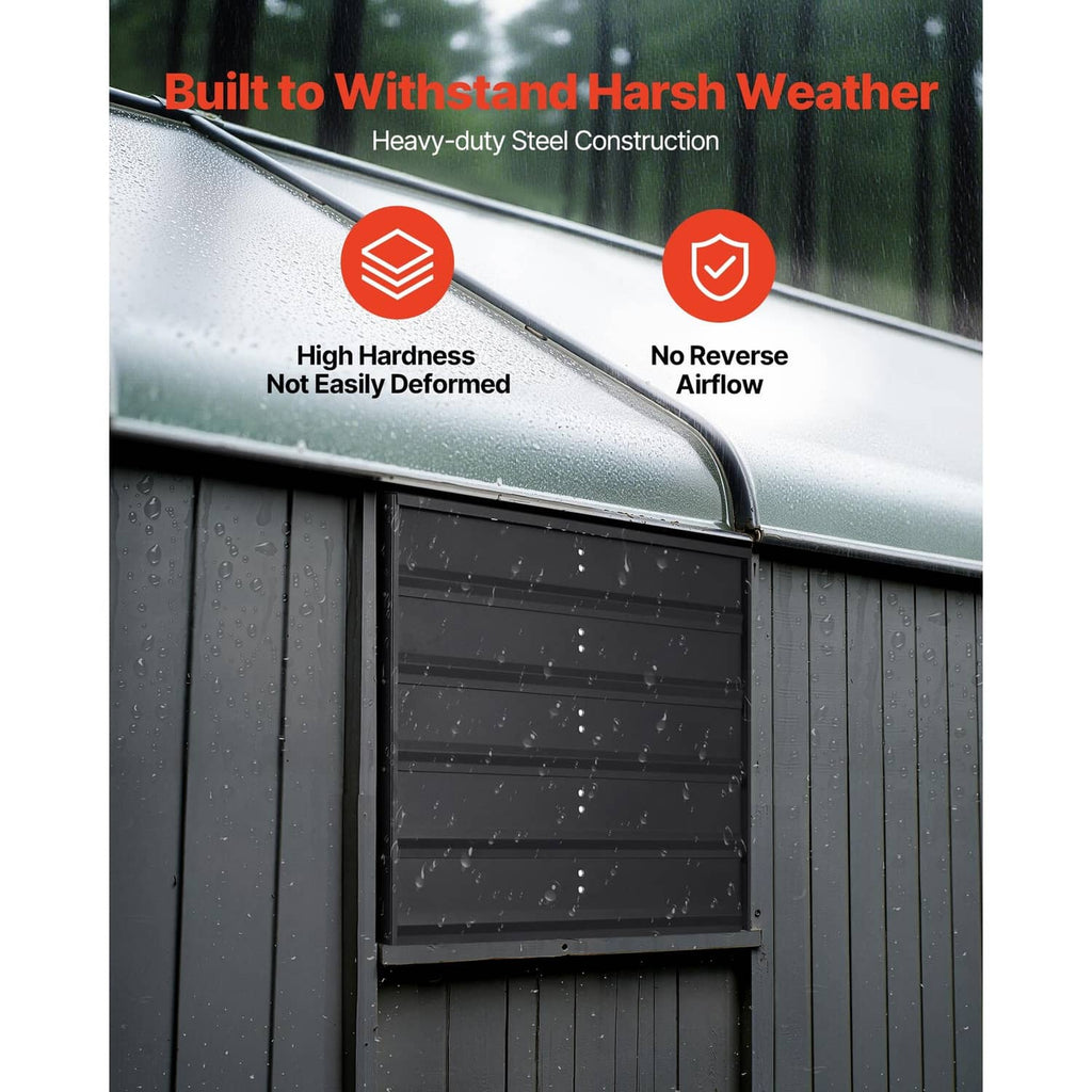 Wall-mounted shutter exhaust fan with dark louver grille and rain-covered exterior hood