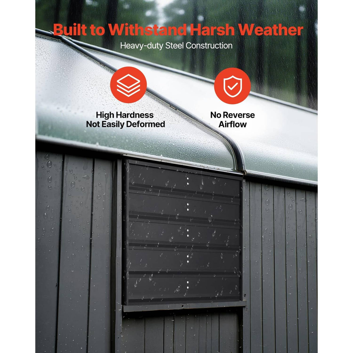 Wall-mounted shutter exhaust fan with dark louver grille and rain-covered exterior hood