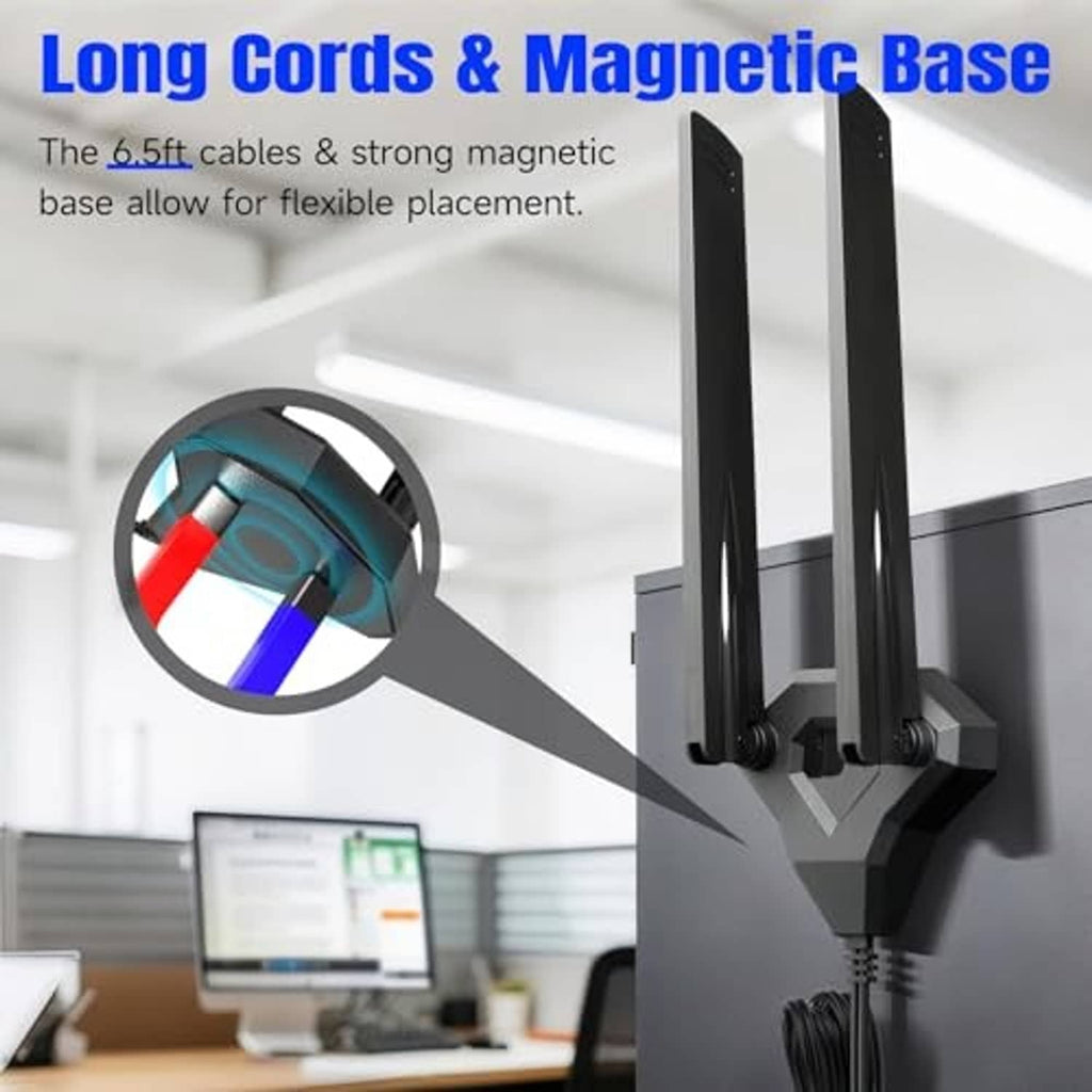 WiFi 7 tri-band antenna set with magnetic base and long cable, dual RP-SMA