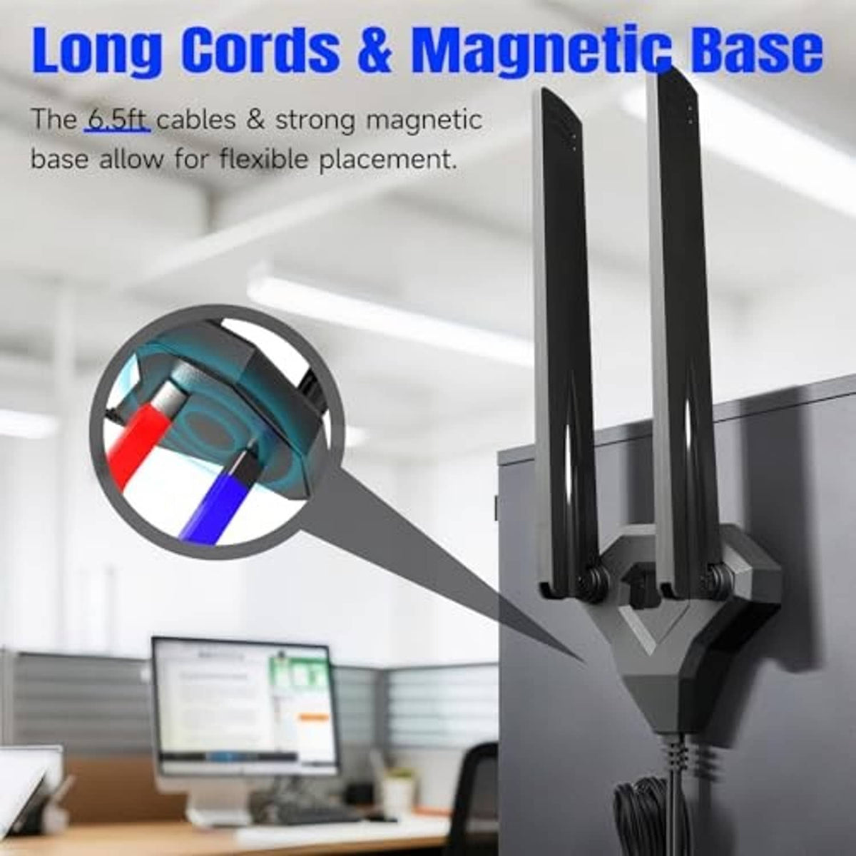 WiFi 7 tri-band antenna set with magnetic base and long cable, dual RP-SMA