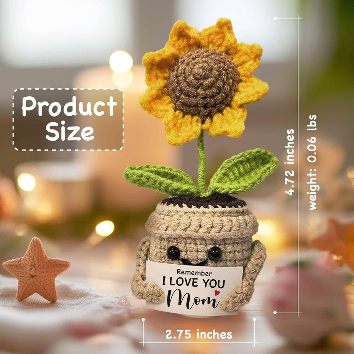 Crocheted sunflower gift with yellow petals, green leaves, and beige pot, 'Remember I love you Mom' tag