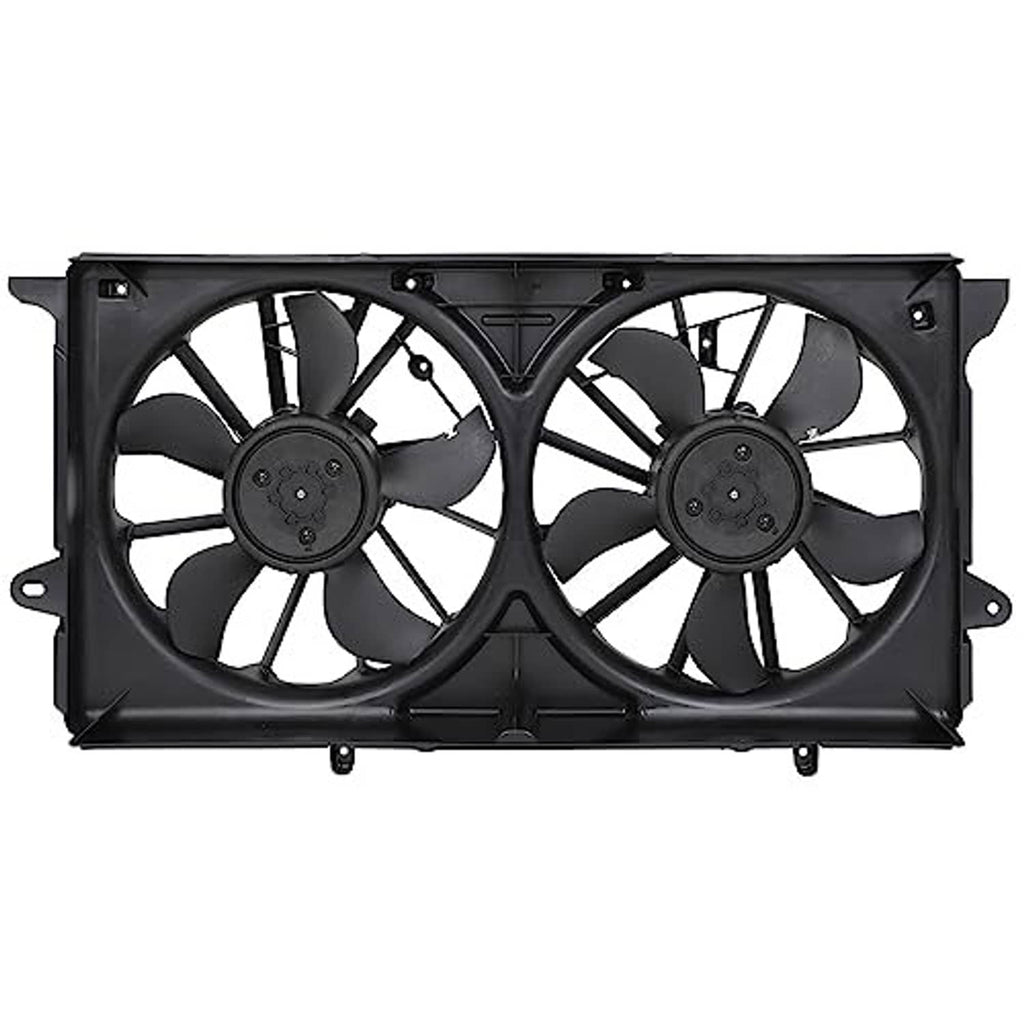 Dual radiator cooling fan assembly, front view with two circular black fan motors