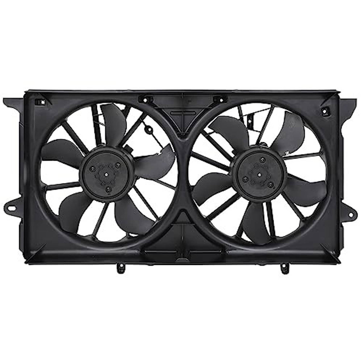 Dual radiator cooling fan assembly, front view with two circular black fan motors