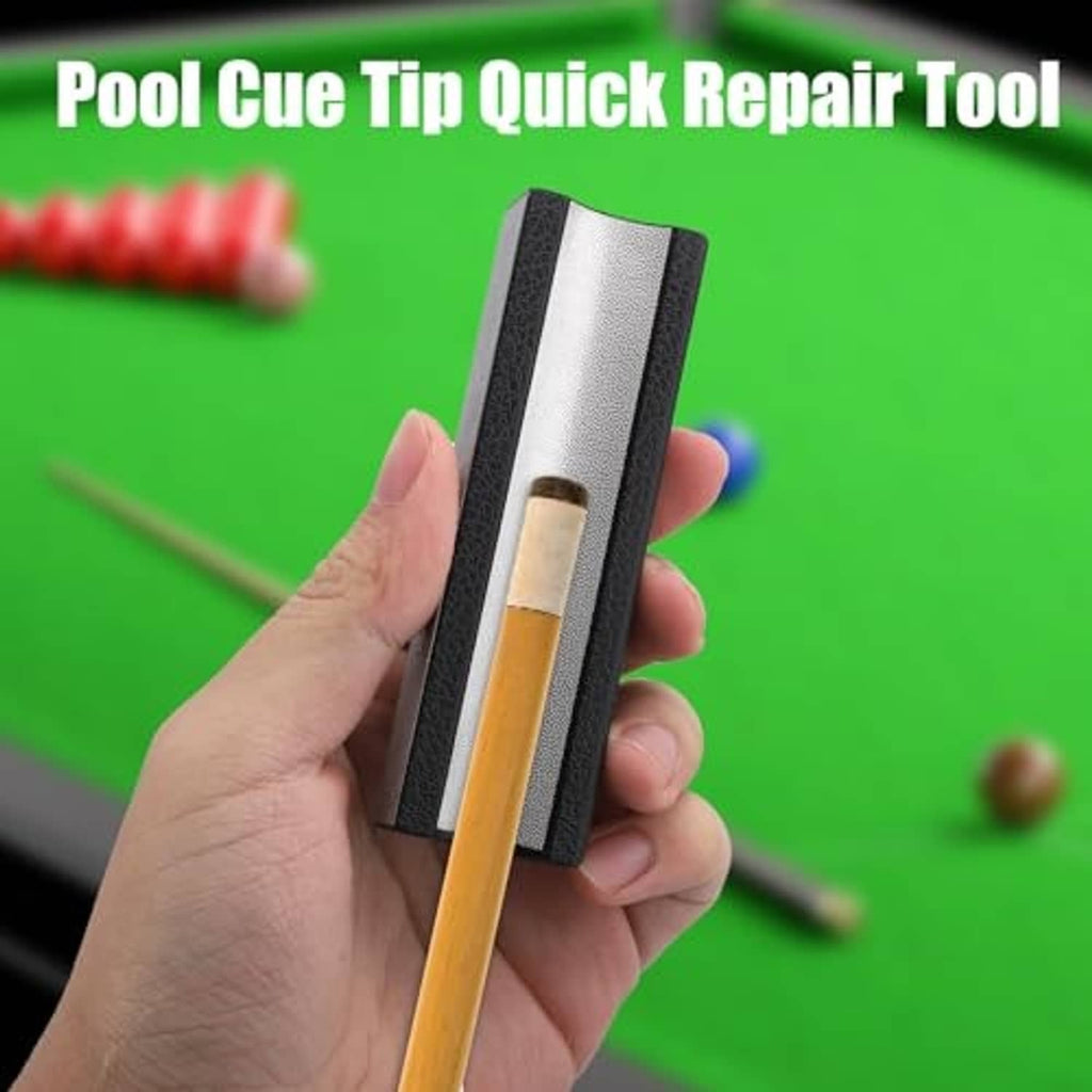 Pool cue tip quick repair tool held in hand, black textured grip and silver grinding strip