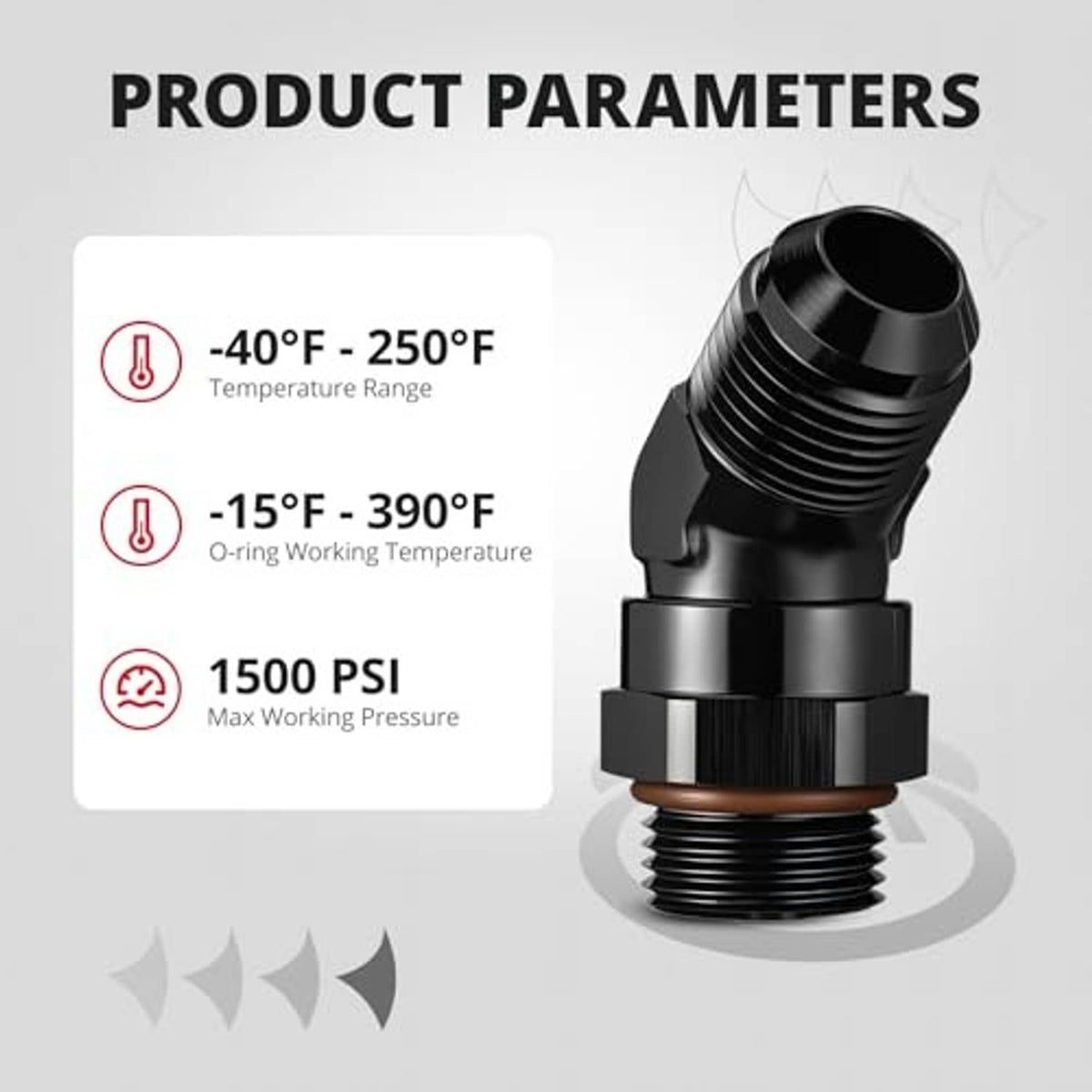 Black 45-degree male AN ORB swivel adapter fitting with hex coupling section