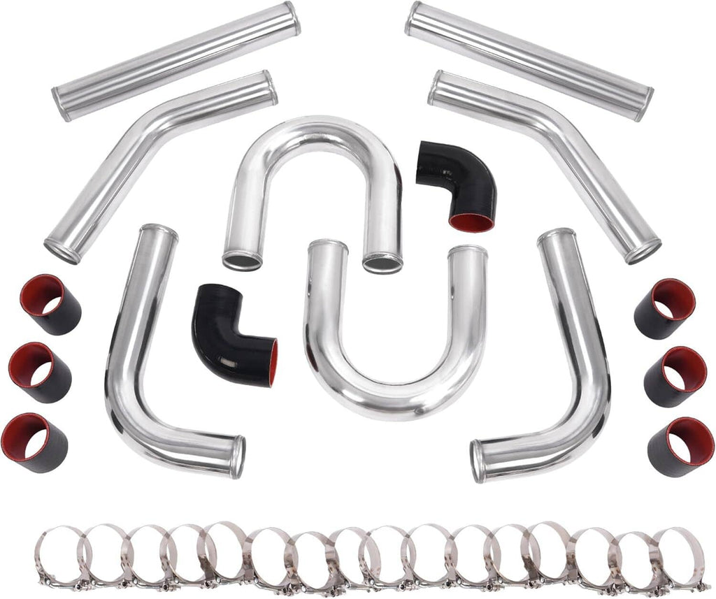 Intercooler piping and coupler kit with stainless tubes, silicone pieces, and clamps