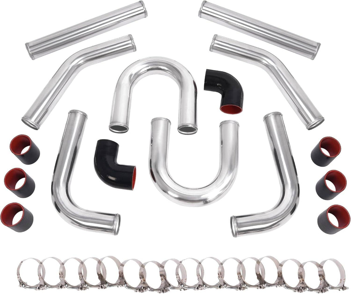 Intercooler piping and coupler kit with stainless tubes, silicone pieces, and clamps