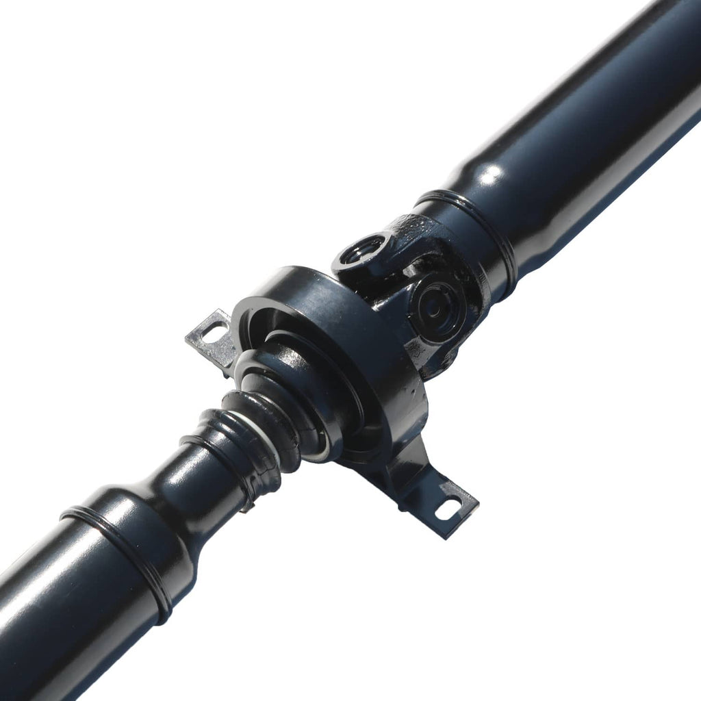 Rear drive shaft prop shaft with bearing support bracket, blue-black metal finish