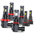 Set of black LED headlight bulbs with red rings and rectangular LED modules