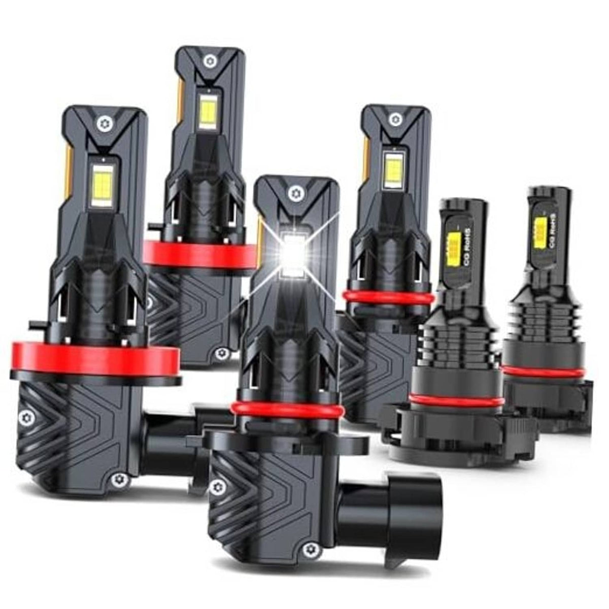 Set of black LED headlight bulbs with red rings and rectangular LED modules
