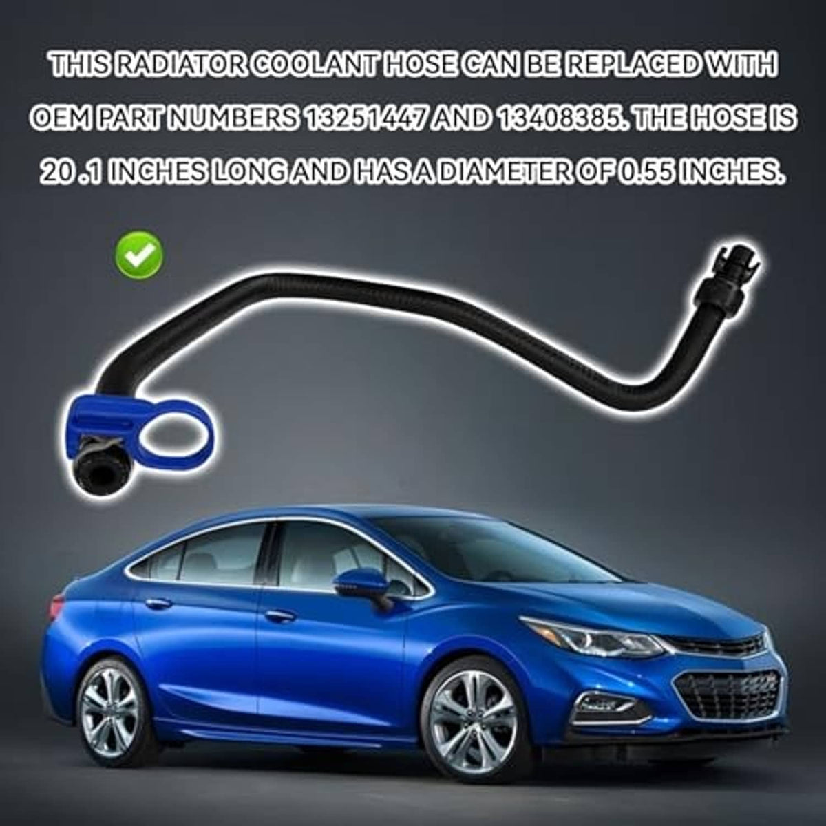 Black coolant hose with blue connector shown on blue sedan graphic