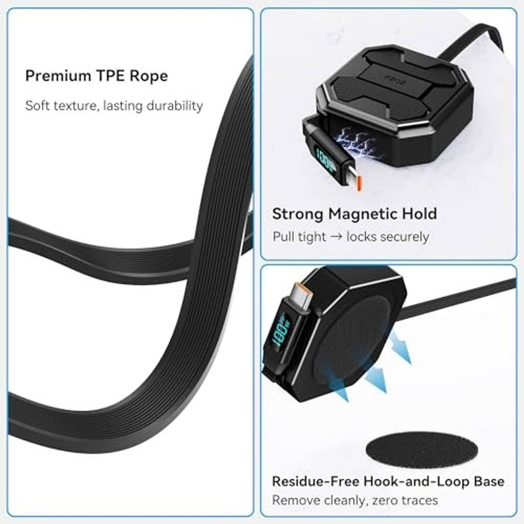 Retractable charging cable with hook-and-loop base, magnetic hold, and braided cable