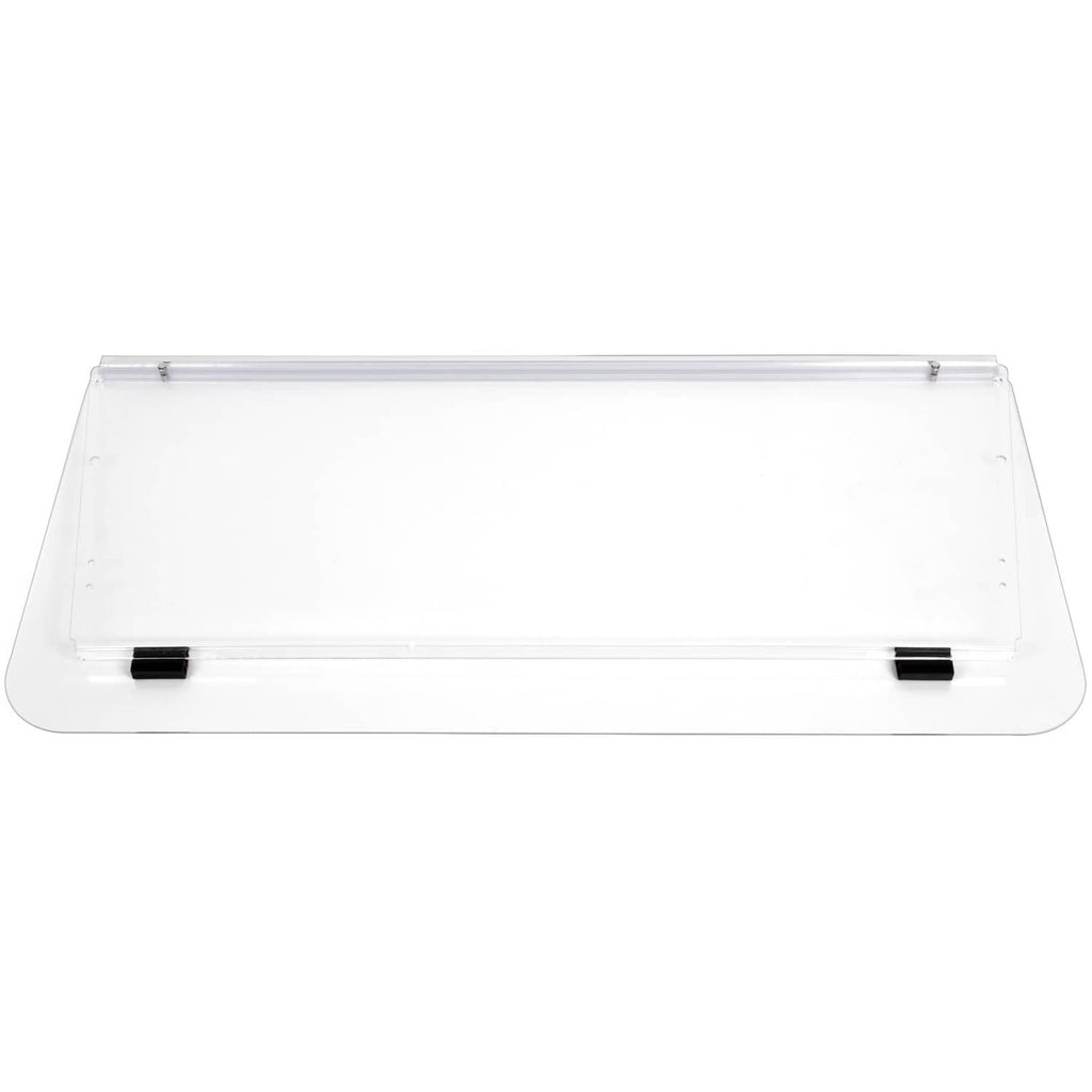 Clear polycarbonate windshield panel with black bracket bases, front-facing view
