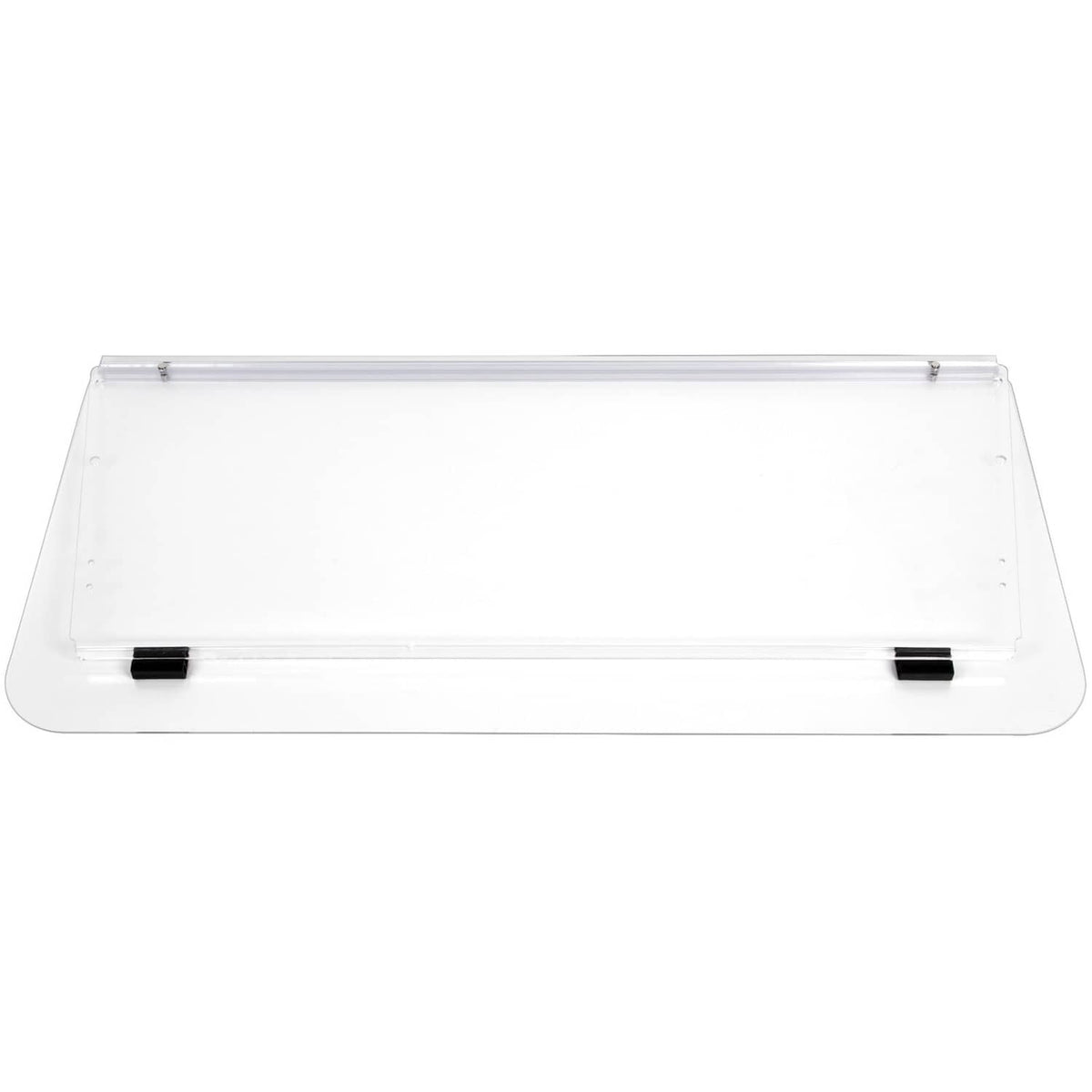 Clear polycarbonate windshield panel with black bracket bases, front-facing view