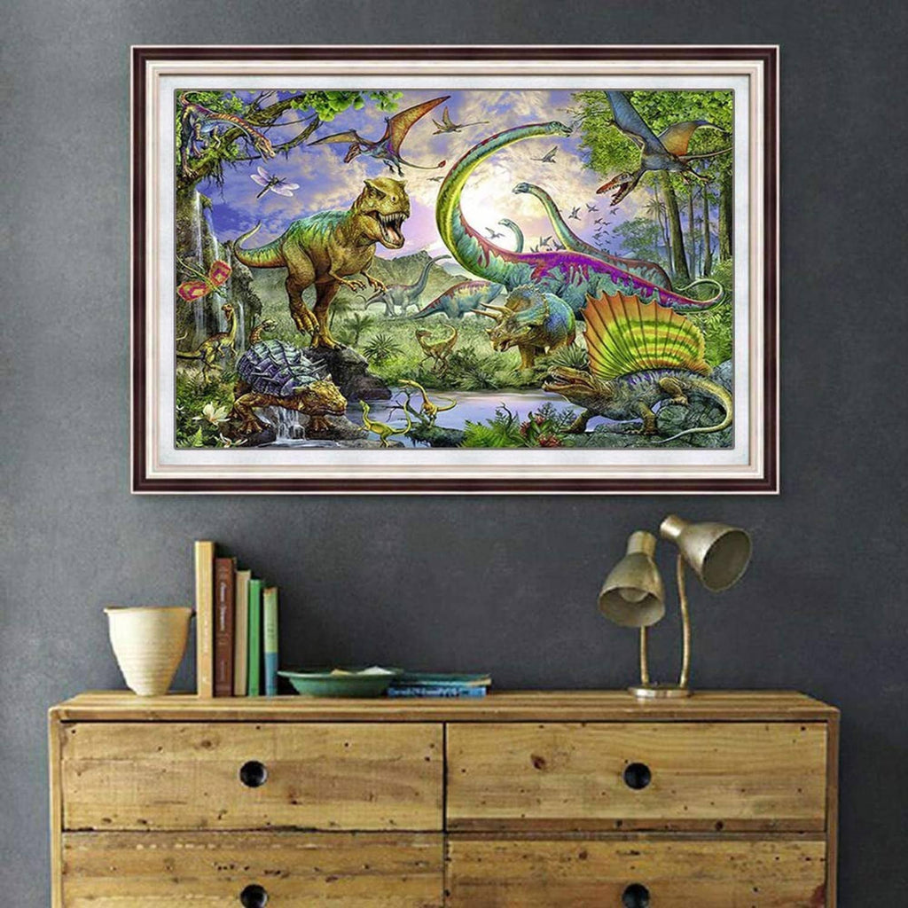 Framed diamond art painting with a colorful dinosaur scene, featuring dragons, trees, and rivers.
