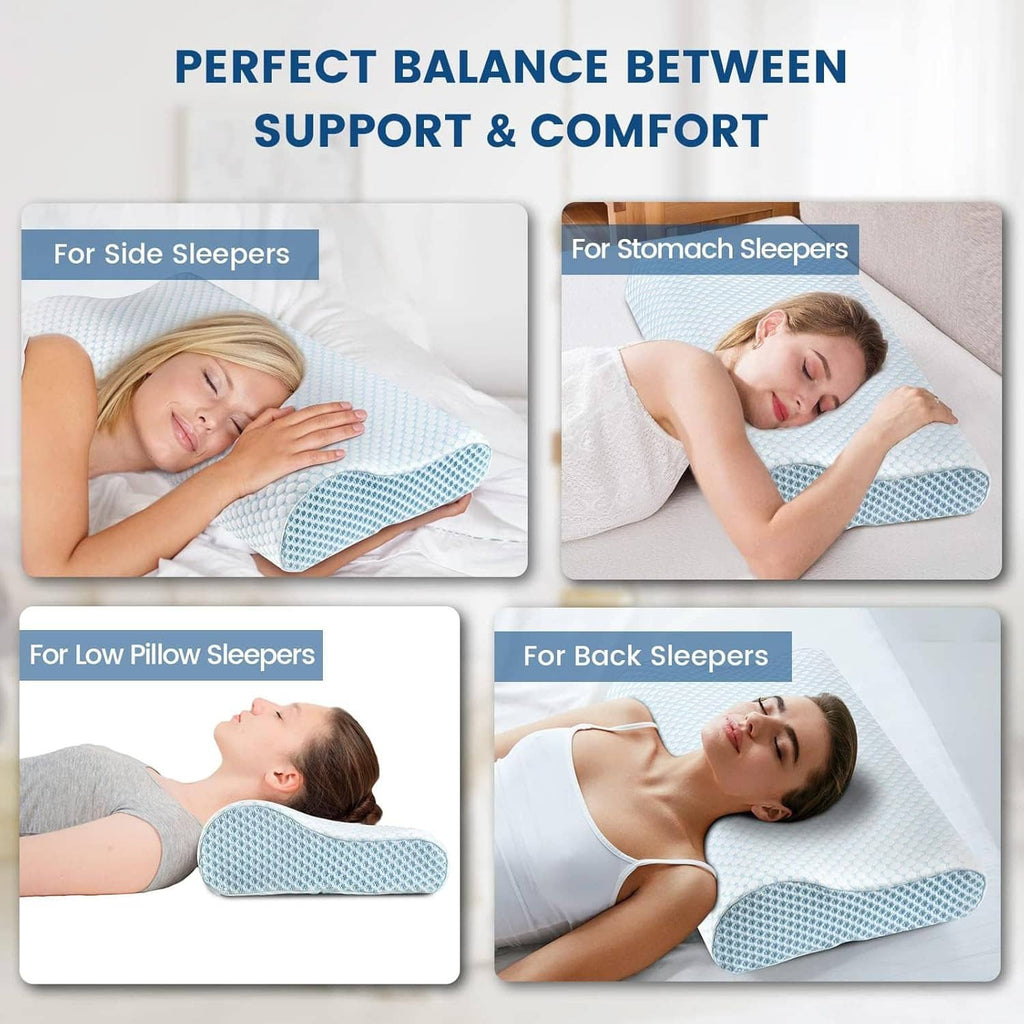 Light blue contoured memory foam pillow with supportive shape for side, back, and stomach sleeping