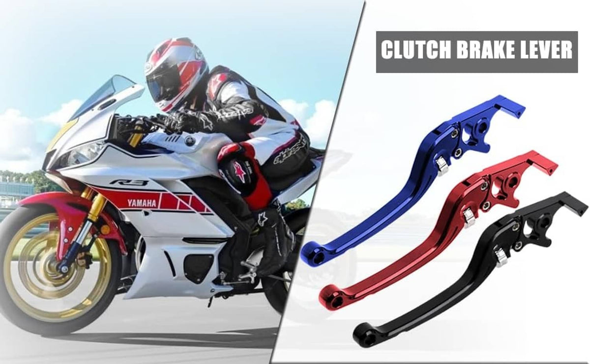 Red and blue CNC adjustable motorcycle lever handles shown side-by-side
