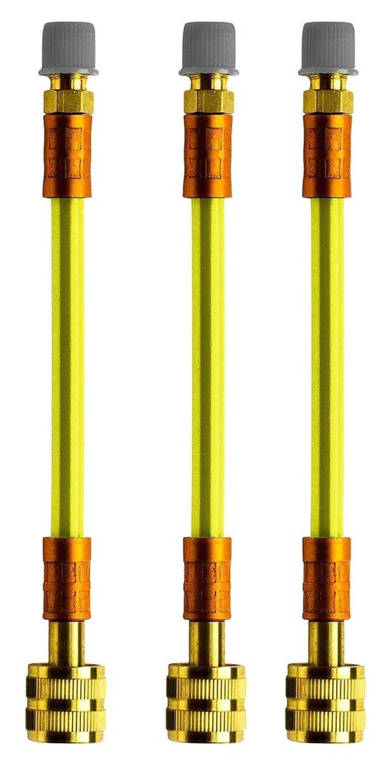 Three-pack direct-inject UV refrigerant leak sealer fittings with brass connectors