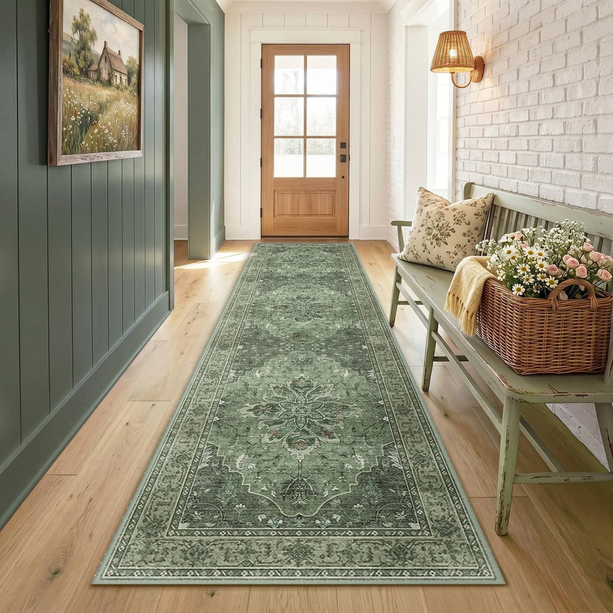 Washable green area rug with ornate gray pattern, long rectangular shape in room