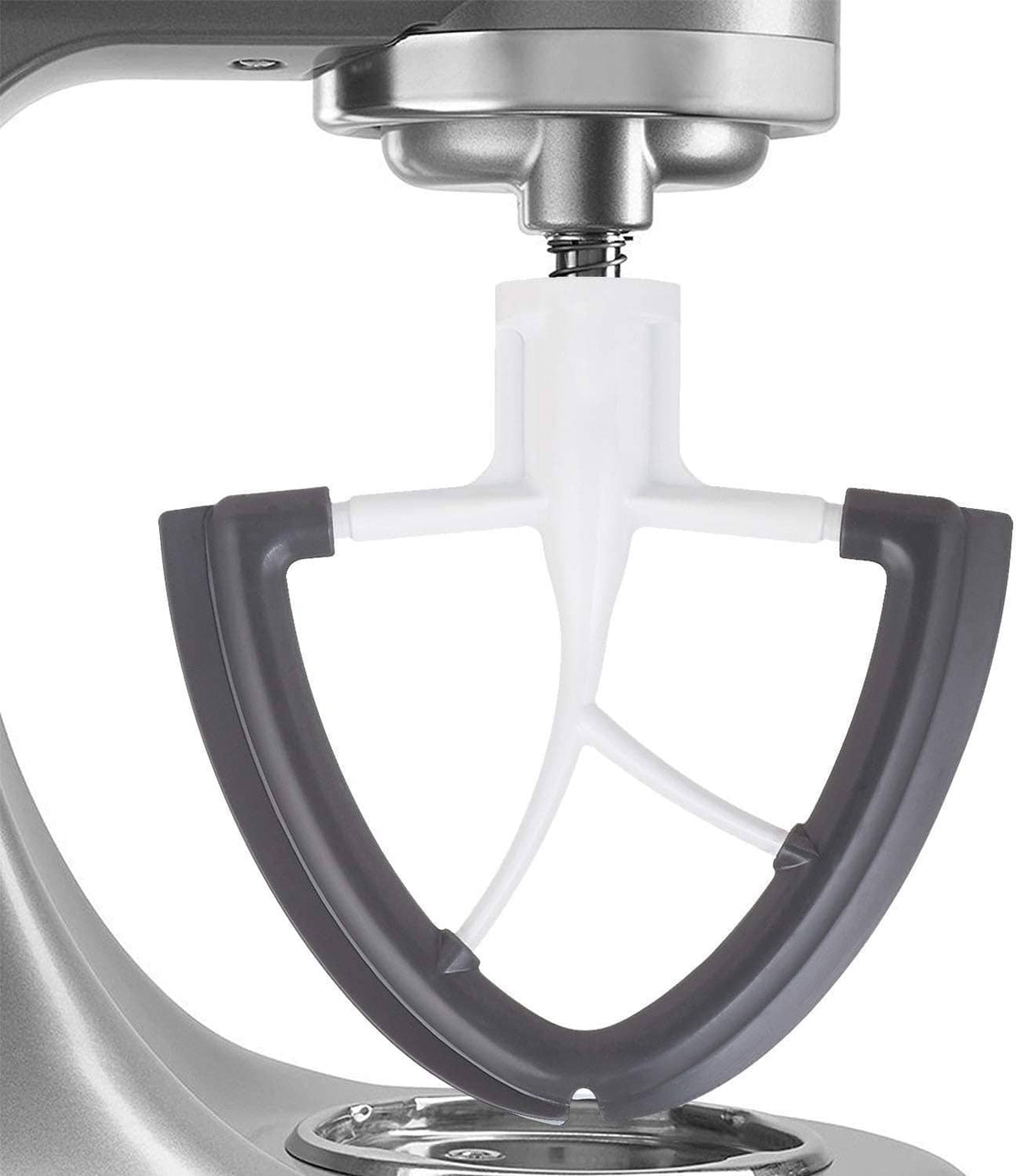 Close-up of white beater paddle with dark gray scraper legs and mounting stem